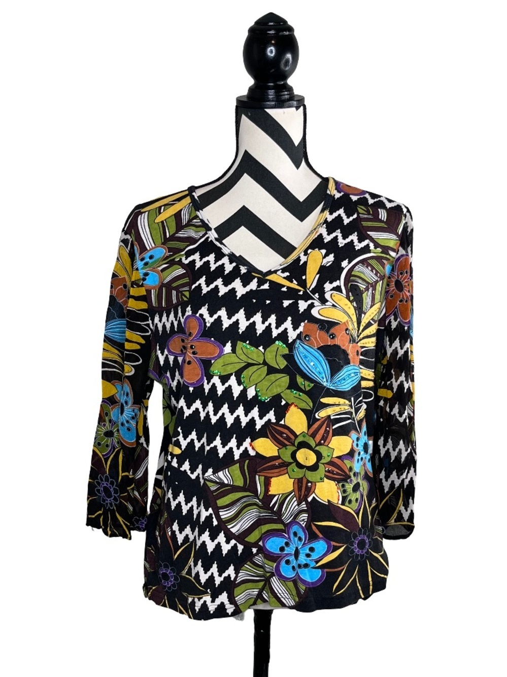 Le Mieux Sz XL Art to Wear Sheer Bell Sleeve Boho Embellished Chevron Top
